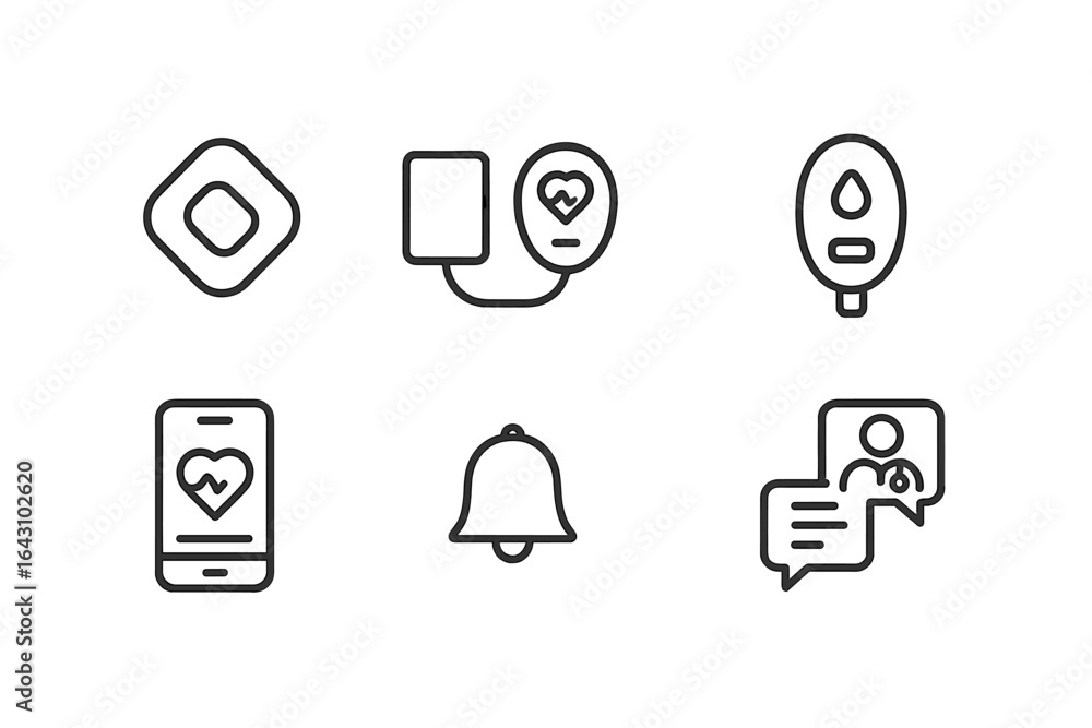 Poster health monitoring icons display various connected devices for tracking wellness metrics and communic