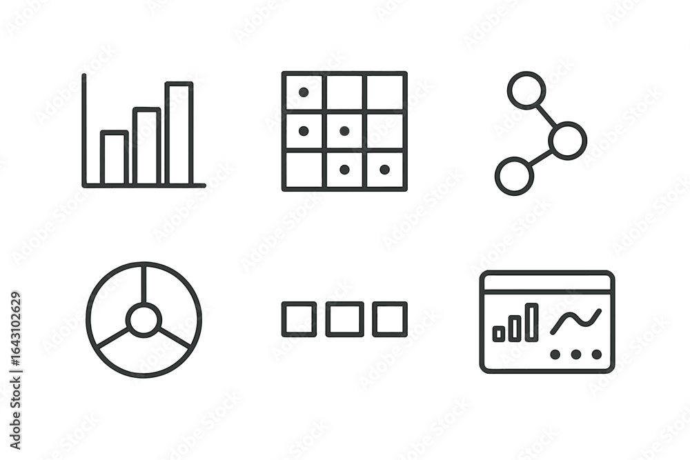 Poster line graphs, pie charts, and data grids shown in a digital workspace illustrating data analysis conc