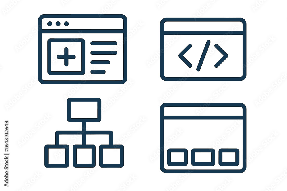 Poster web design elements showcasing coding, layout, and structure in a clean, simple format ideal for dev