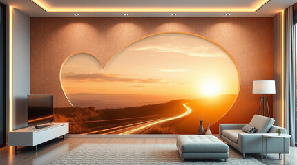 warm golden hour light on 3D modern interior mural wallpaper with soft light trails and long exposure time photography