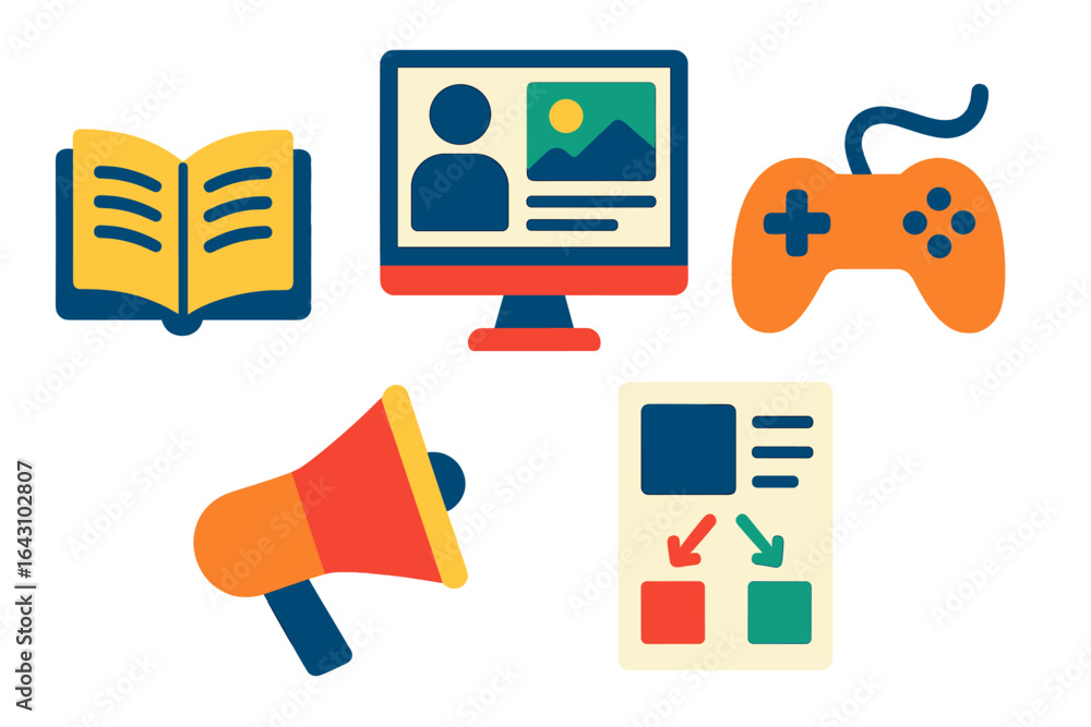 Aufkleber digital education and entertainment tools displayed as icons representing various activities and pla