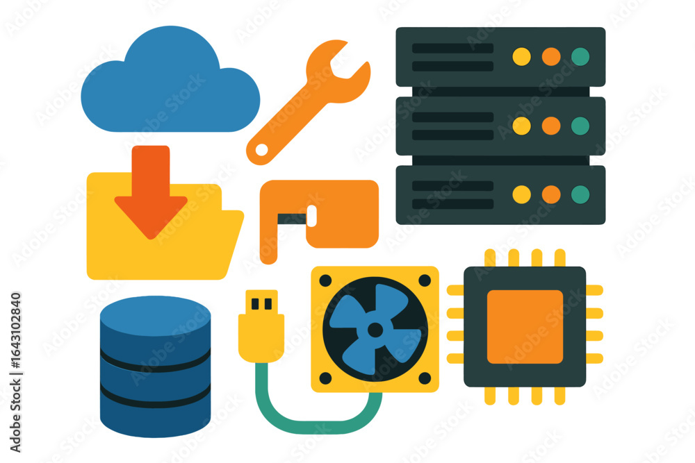 Poster cloud computing and server management icons representing technology and digital tools for network op