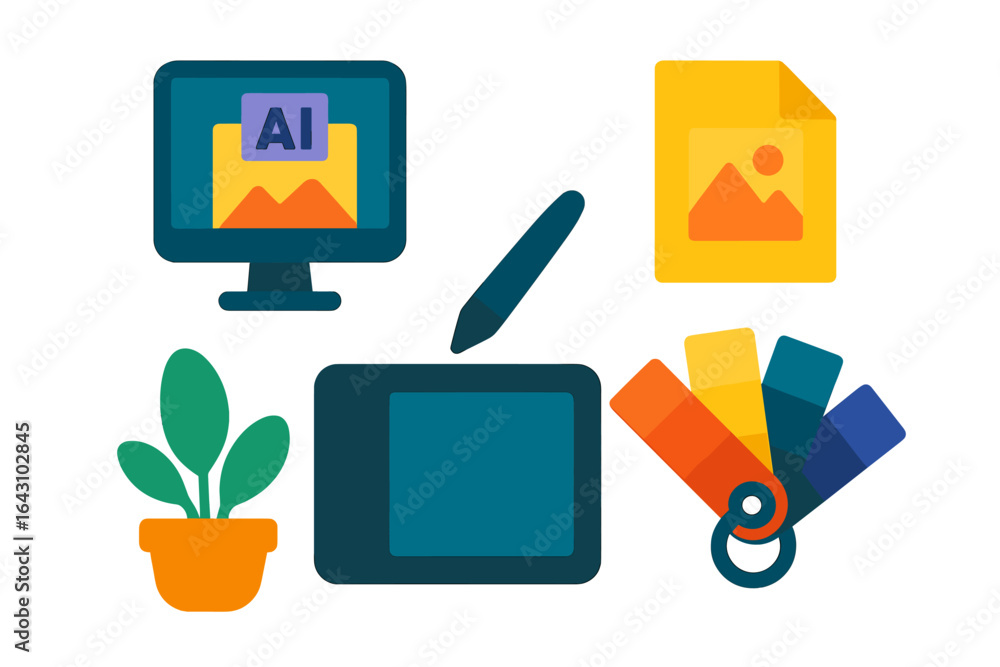 Poster digital tools and elements for graphic design featuring a computer monitor, drawing tablet, and colo