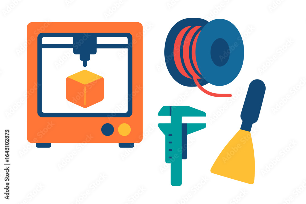 Aufkleber 3d printing setup with tools and materials in a workshop environment during daytime