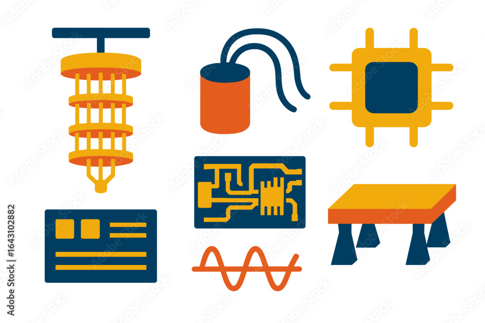 Poster graphic representation of various technology and engineering elements showcasing innovation and desi