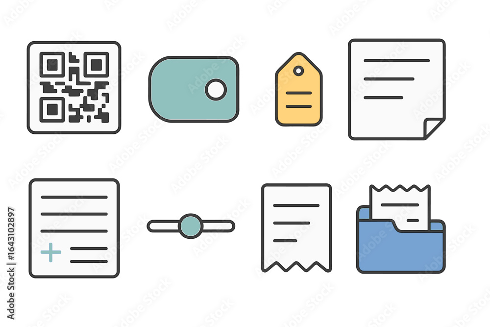 Poster various digital icons representing organization, labeling, and documentation in a minimalist style s