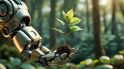Metallic robot hand holding a young green sapling in a blurred forest background. Artificial intelligence nurturing nature. Symbolizing futuristic technology, growth, and environmental conservation. 