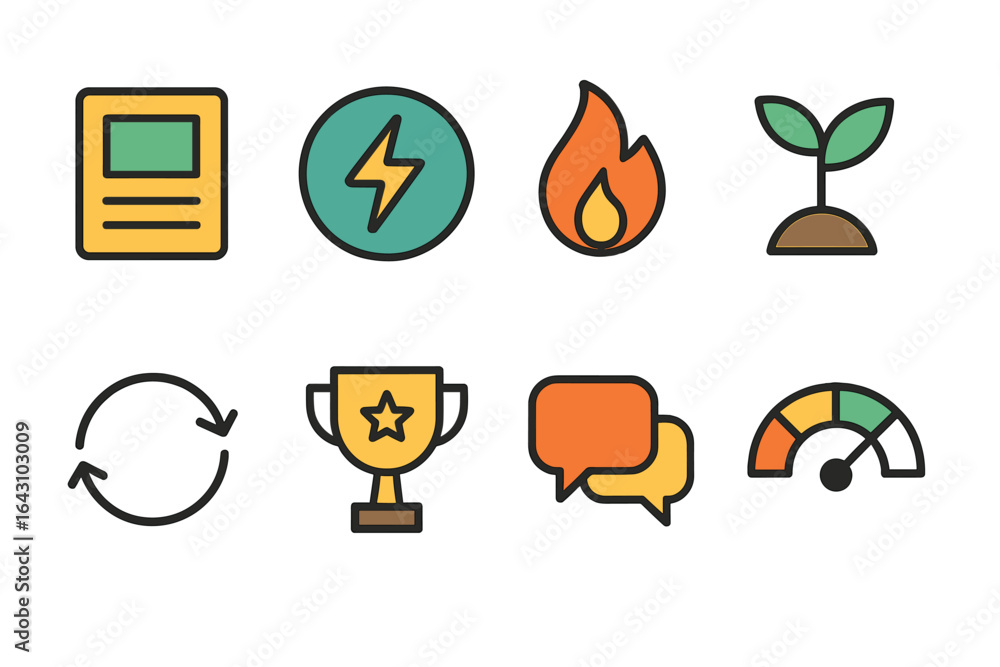 Poster Recognizing symbols of sustainability and achievement in a modern design context featuring a diverse array of icons
