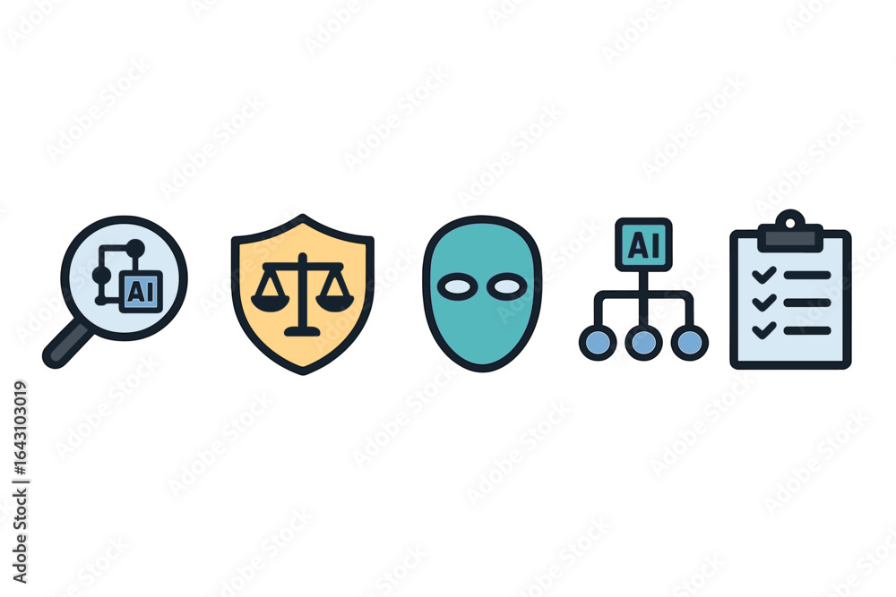 Poster exploring artificial intelligence concepts with various symbols representing analysis, ethics, and d