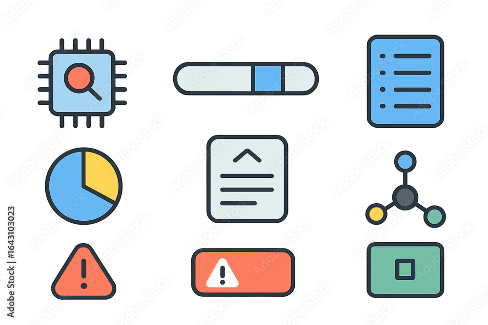 Poster colorful icons representing technology and data management in a modern digital workspace