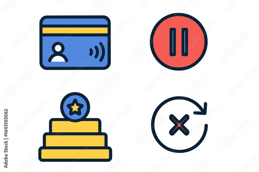 Aufkleber different icons representing payment methods, pause options, achievement levels, and cancellation pr