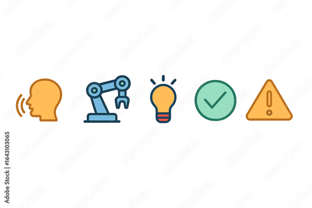 Poster icons representing artificial intelligence concepts including voice recognition, robotics, innovatio