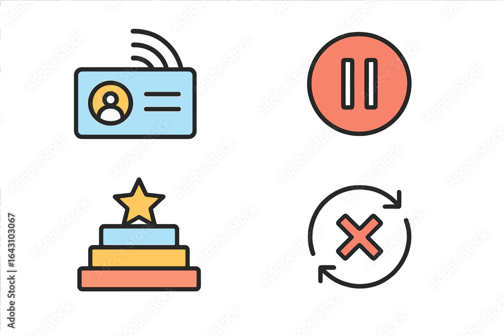 Poster Digital icons representing user identification, pause functionality, achievement levels, and error feedback in a user interface design