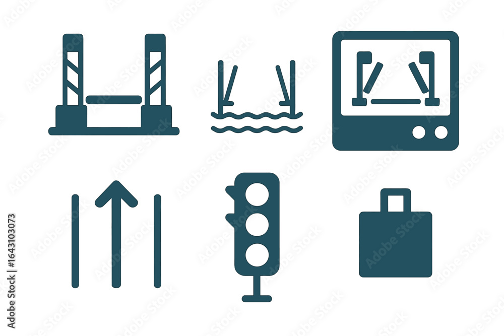 Poster Visual representation of various symbols related to transportation and traffic management systems