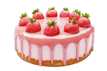 Delicious strawberry cake with pink drizzle isolated on transparent background. Cake with strawberry isolated on white background, 3d rendering.