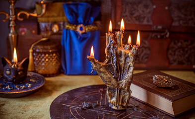 Mystical palmistry hand with Mars, Venus, Saturn and Jupiter symbols, esoteric astrology art