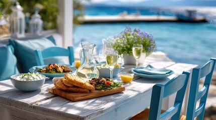 Greek seaside restaurant table setting with grilled food and white wine overlooking tranquil turquoise water