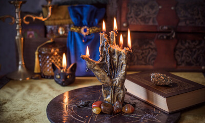 Mystical palmistry hand with Mars, Venus, Saturn and Jupiter symbols, esoteric astrology art