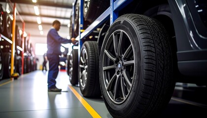 Factory worker inspecting vehicle tires