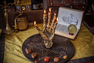 Mystical palmistry hand with Mars, Venus, Saturn and Jupiter symbols, esoteric astrology art