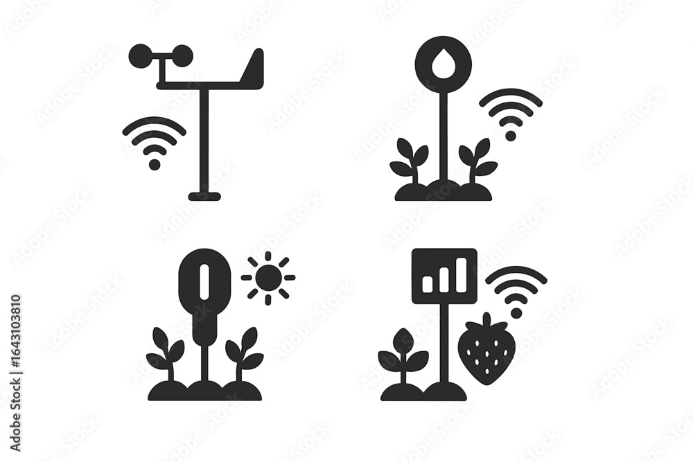 Poster weather monitoring devices shown in a garden environment with connectivity symbols indicating data t