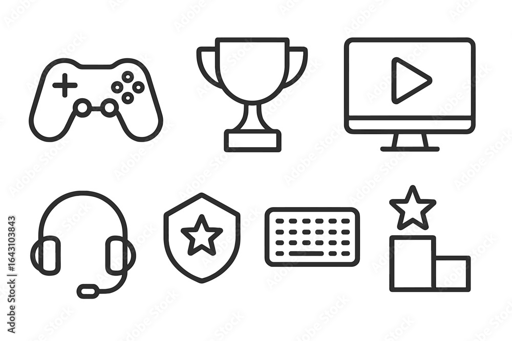 Poster gaming elements including controller, trophy, screen, headset, and keyboard displayed in a minimalis
