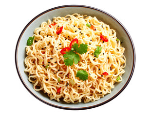 Flat Lay of Japanese Spicy Sesame Noodles in Rustic Bowl, Garnished with Fresh Herbs, Isolated PNG