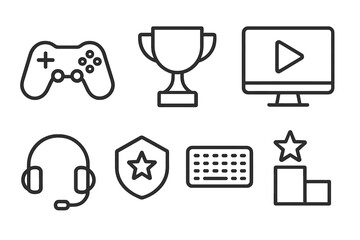 Gaming elements including controller, trophy, screen, headset, and keyboard displayed in a minimalist design and style