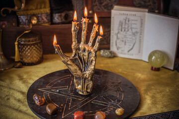 Mystical palmistry hand with Mars, Venus, Saturn and Jupiter symbols, esoteric astrology art