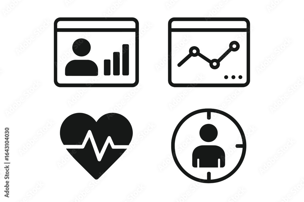 Poster icons representing data analysis, health monitoring, and user profiles in a minimalistic design for 