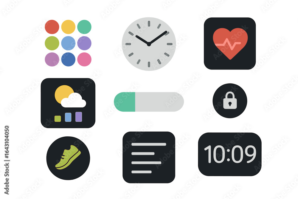 Poster design elements showcasing various icons for health, time, and functionality in a modern digital int