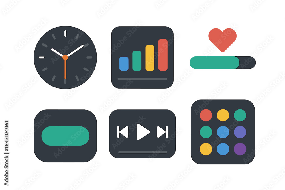 Poster user interface design showing various app icons representing time, analytics, media controls, and us