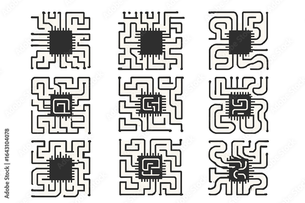 Poster electronic circuit designs arranged in a grid showcasing intricate patterns and shapes created by ci