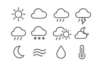 Weather symbols depicting various conditions including sun, clouds, rain, and snow, in a simple design style