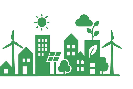 Modern urban landscape showcasing renewable energy sources and eco-friendly design features in a sustainable city