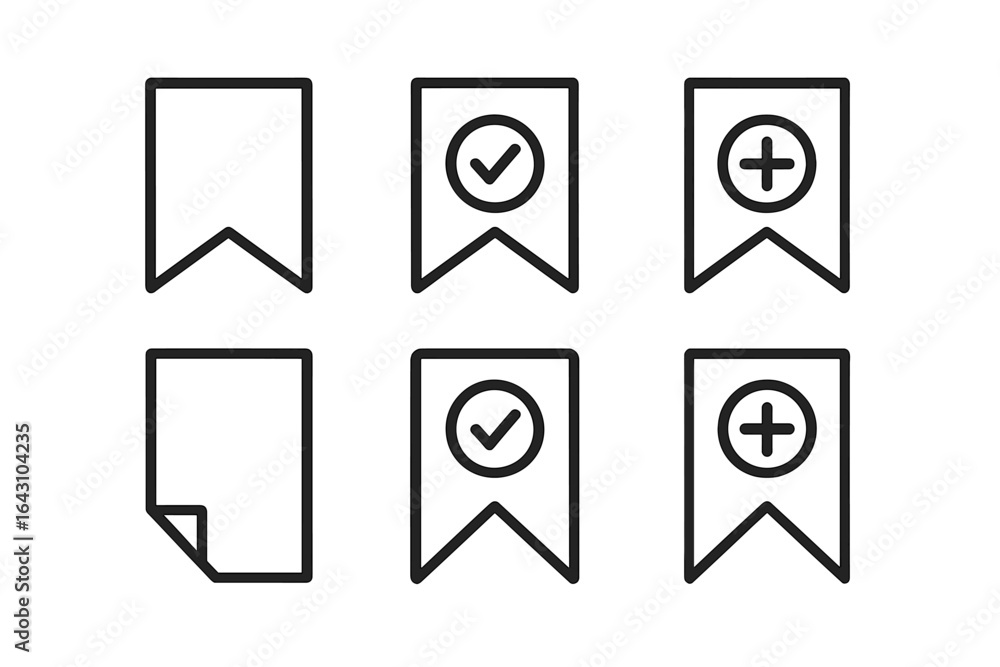 Poster different icons depicting bookmarks with checkmarks, plus signs, and blank designs intended for vari