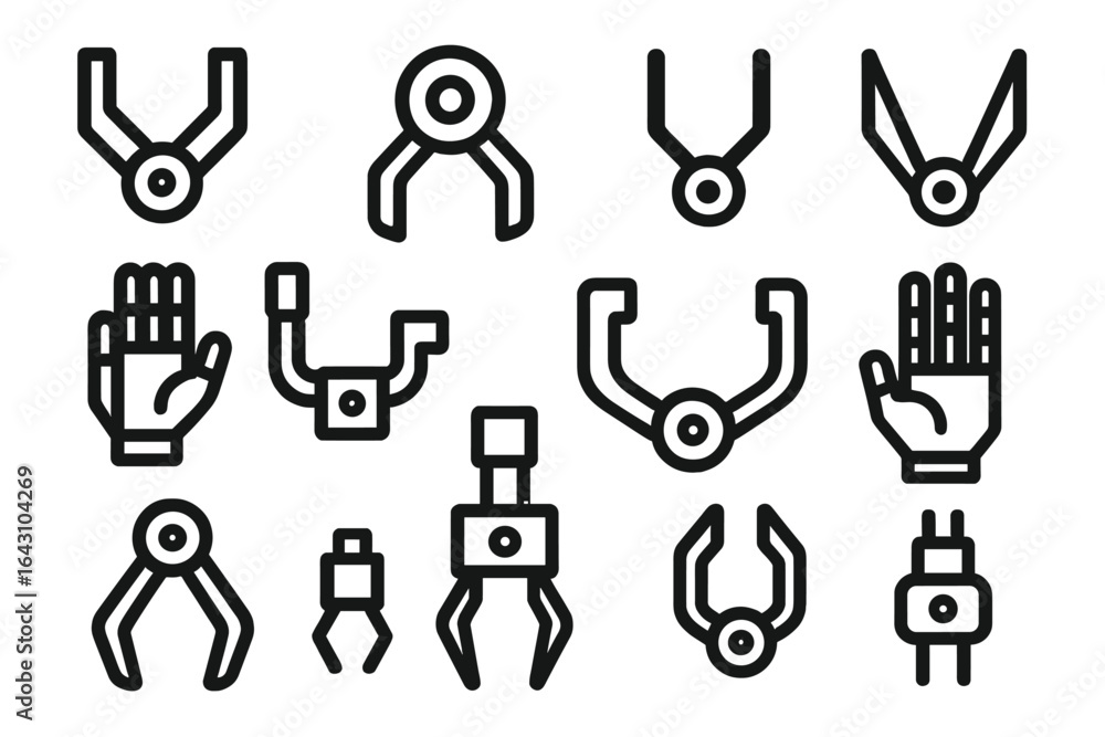 Poster collection of mechanical hand icons and designs for various applications in technology and engineeri