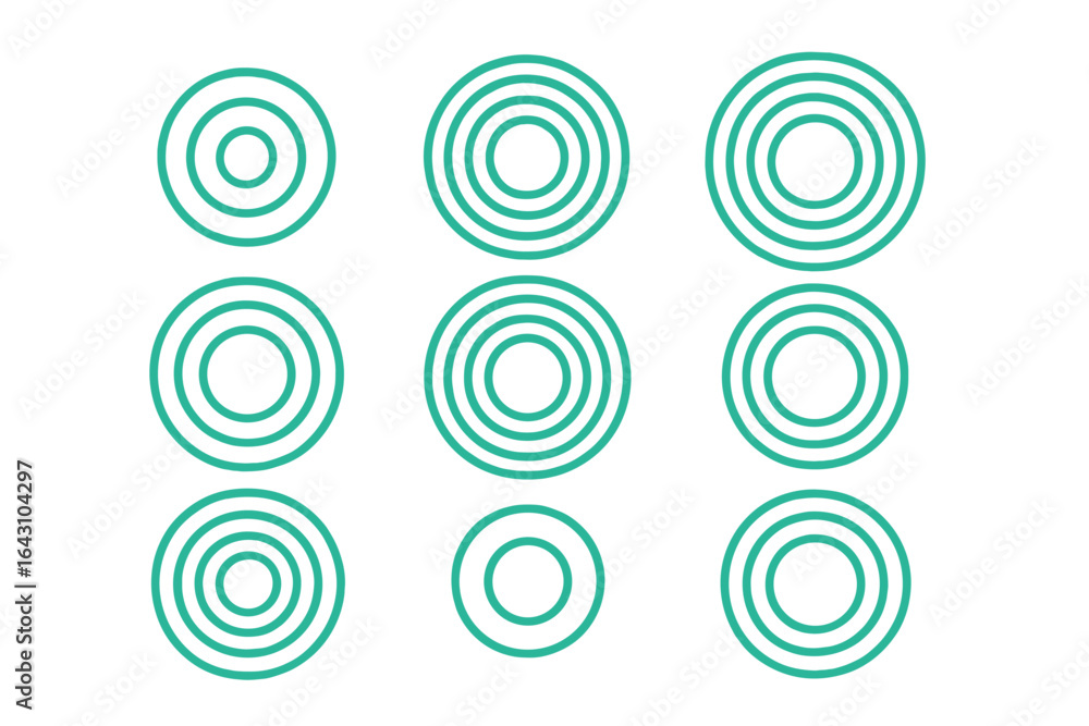 Poster circles arranged in a grid pattern showcasing various sizes and spacing in a minimalistic design
