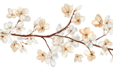 Delicate white and peach cherry blossom branch isolated on transparent background. Cherry blossom branch isolated on white background.