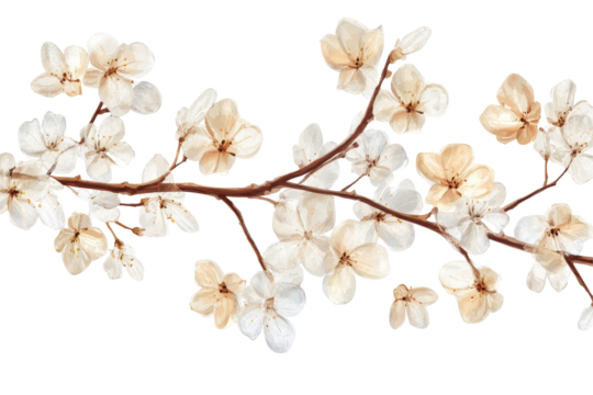 Delicate white and peach cherry blossom branch isolated on transparent background. Cherry blossom branch isolated on white background. - Powered by Adobe