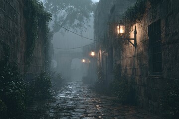 Rainy, overgrown alleyway, misty, ancient stones