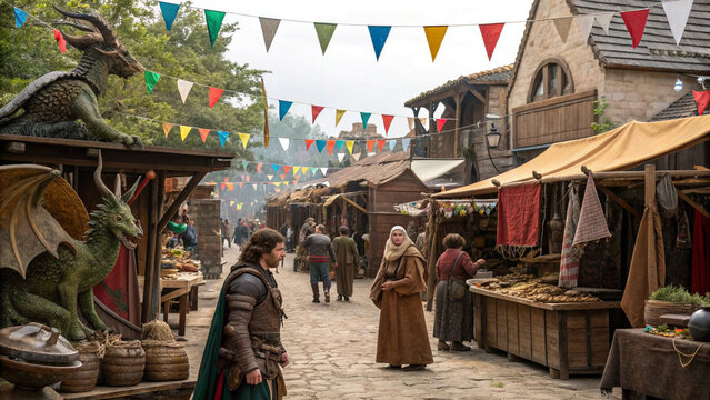Explore a vibrant medieval market town with dragons and colorful flags for a fantasy travel adventure