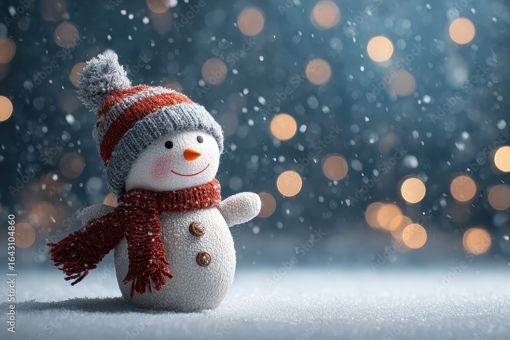Poster snowman with festive hat and scarf amidst gentle snowfall creating a joyful winter atmosphere with w