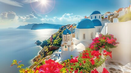Santorini landscape featuring traditional blue-domed churches and white buildings clinging to a cliffside, with vibrant red bougainvillea flowers in the foreground and the sparkling Aegean Sea and sky