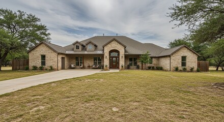 Fototapeta premium Spacious Brick Ranch-Style Home with Covered Porch, Dormer Windows, and Expansive Front Yard