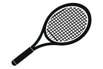 Black tennis racket displays its net against a pure white background vector