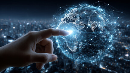 Investment. Hand holding a globe with network connecting data, symbolizing the investment in digital technology, innovation, and global connectivity.