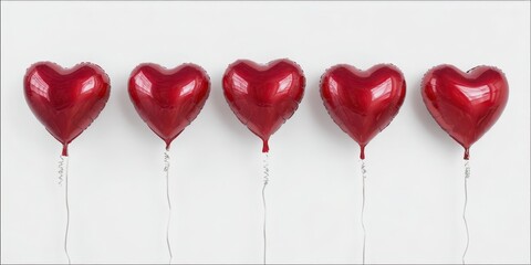 The collection of shiny red heart balloons on a minimalist background.