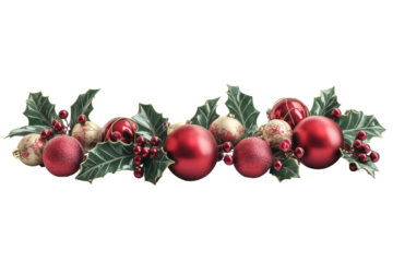 Festive christmas garland with red baubles and holly leaves isolated on transparent background. Christmas decoration with holly and berries isolated on white background.