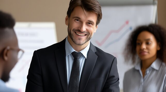 Professional business meeting with smiling man in suit and coworkers discussing project - Powered by Adobe